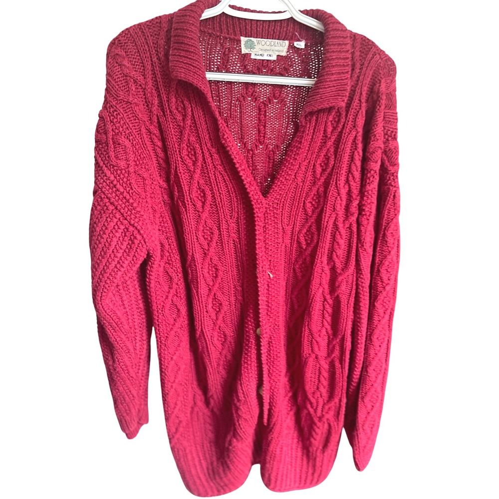 Vintage Hand Knit‎ Red Cable Knit Fisherman Sweater Button Front Woodland  M/L